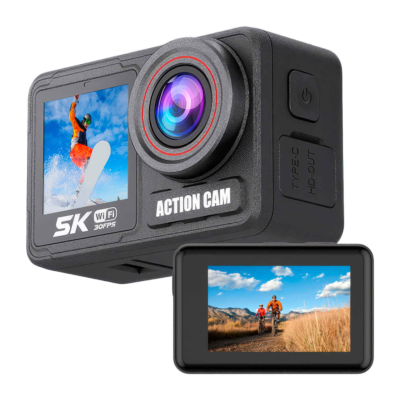 Cámara deportiva WIFI M90TR doble pantalla ultra HD de 2.2" y HD de 1.4", vídeo hasta 5K 60FPS y fotografías de hasta 64 MP. Zoom digital 5x, múltiples modos de foto y vídeo. Sumergible 30M.