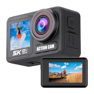 Cámara deportiva WIFI M90TR doble pantalla ultra HD de 2.2" y HD de 1.4", vídeo hasta 5K 60FPS y fotografías de hasta 64 MP. Zoom digital 5x, múltiples modos de foto y vídeo. Sumergible 30M.