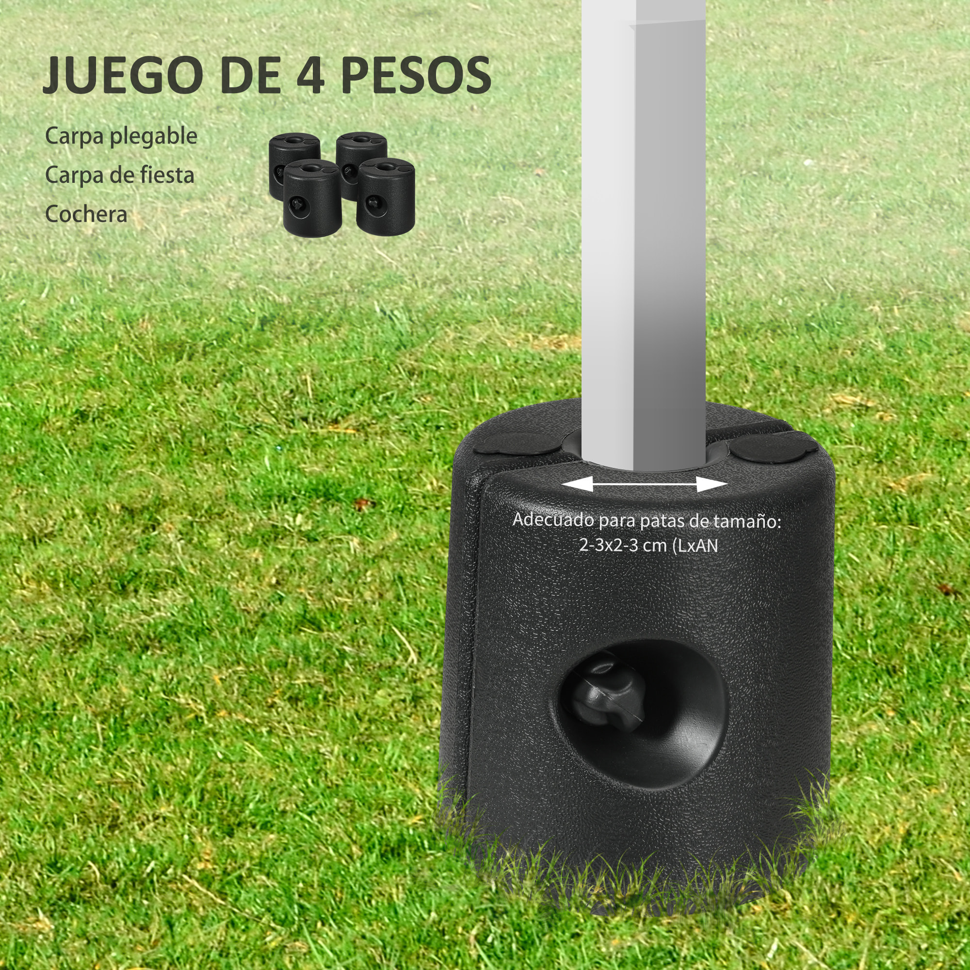 Pack de 4 Pesos para Carpas Plegables Soportes Rellenables con 9,2 kg de Agua o 12 kg de Arena Pesos para Cenador con Perillas de Fijación Ø24x25,5 cm Negro