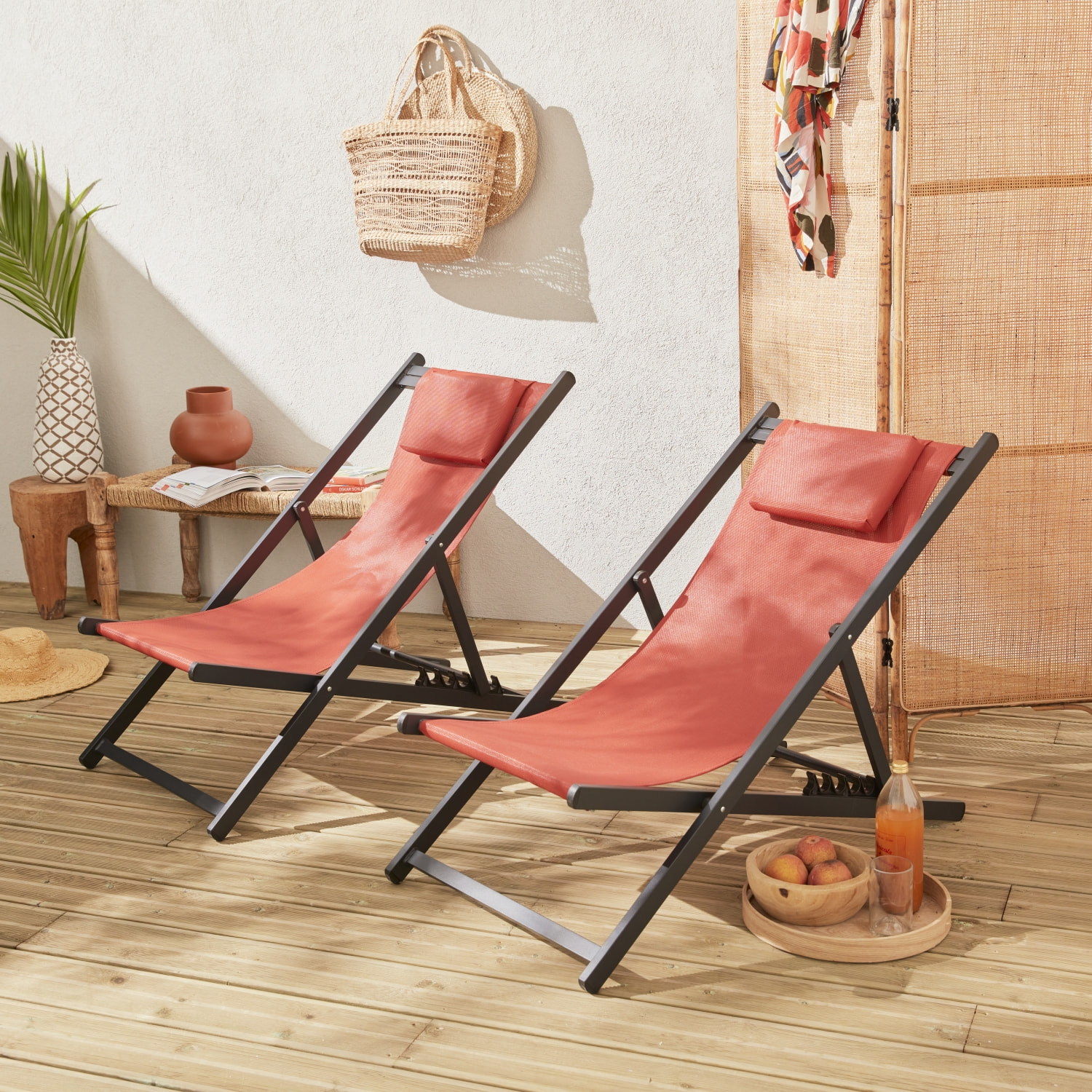 Lot de 2 bains de soleil - Gaia terra cotta - Transat en aluminium gris anthracite et textilene avec coussin repose tête. chilienne