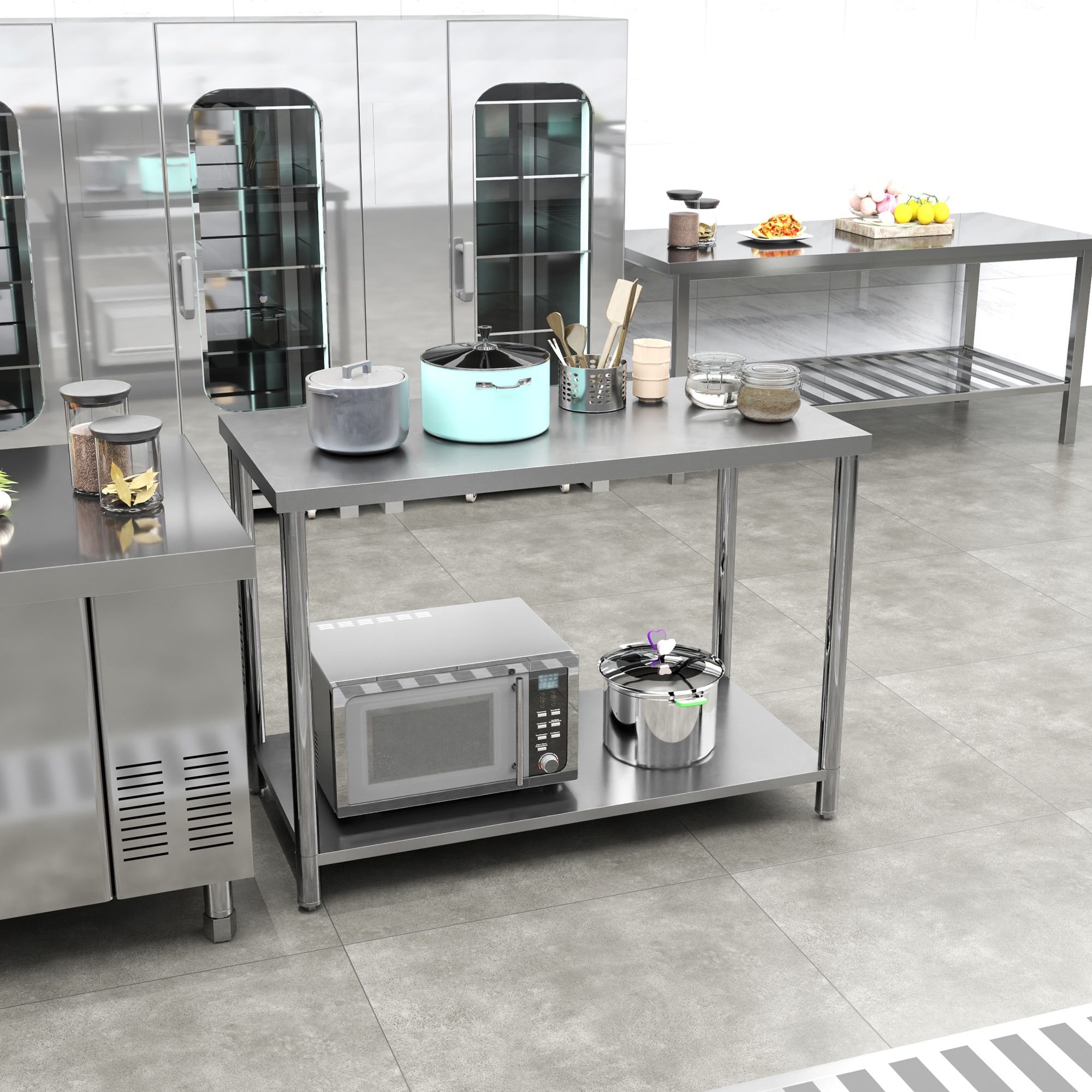 HOMCOM Mesa de Trabajo de Acero Inoxidable con 2 Estantes, Banco de Trabajo Taller Resistente para Cocina, Garaje, Carga 100 kg, 120x60x86 cm, Plata