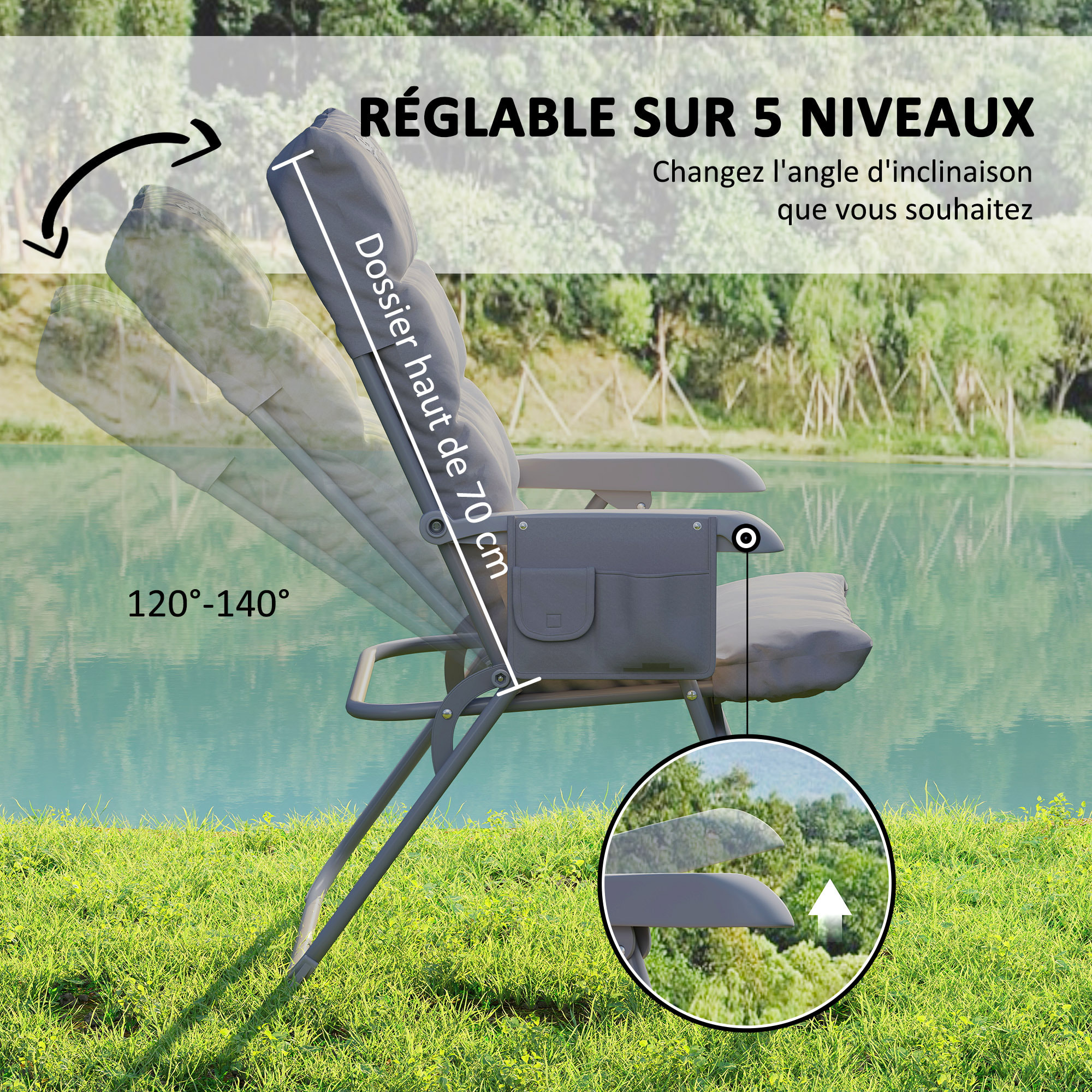 Chaise de camping pliante rembourrée inclinable grand confort gris