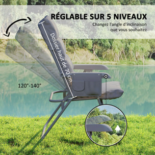 Chaise de camping pliante rembourrée inclinable grand confort gris