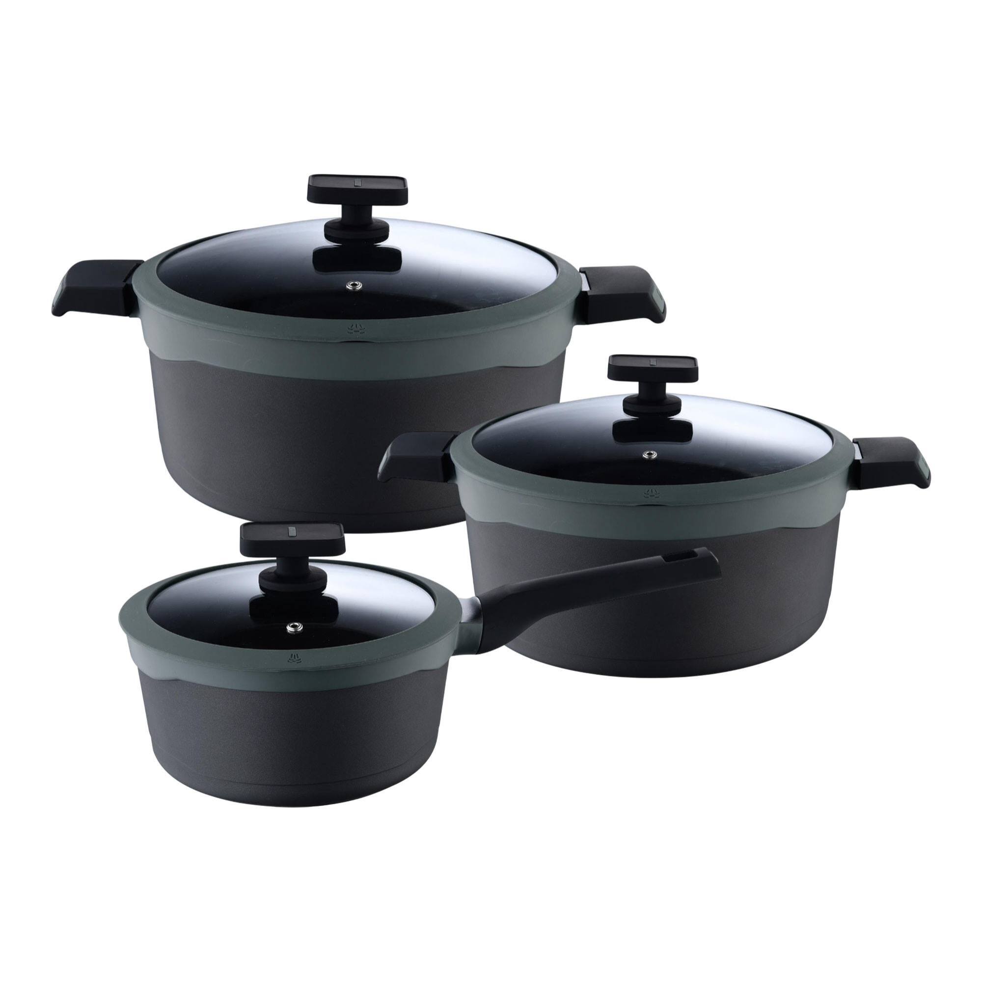 Juego de 2 Cacerolas Ø24cm(4,7L)Ø28cm(7,2L) + Cazo Ø16cm(1,3L) en Aluminio fundido con tapas GASTRO REECO MasterPRO