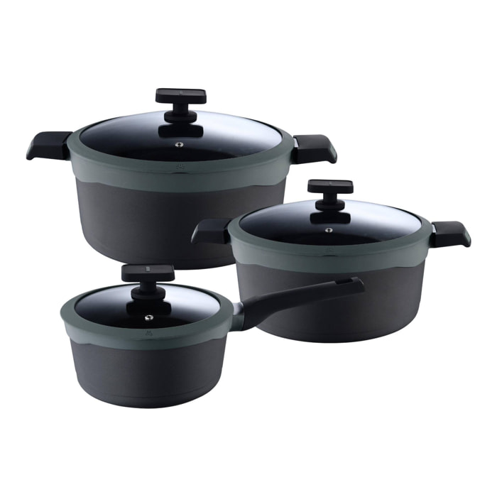 Juego de 2 Cacerolas Ø24cm(4,7L)Ø28cm(7,2L) + Cazo Ø16cm(1,3L) en Aluminio fundido con tapas GASTRO REECO MasterPRO