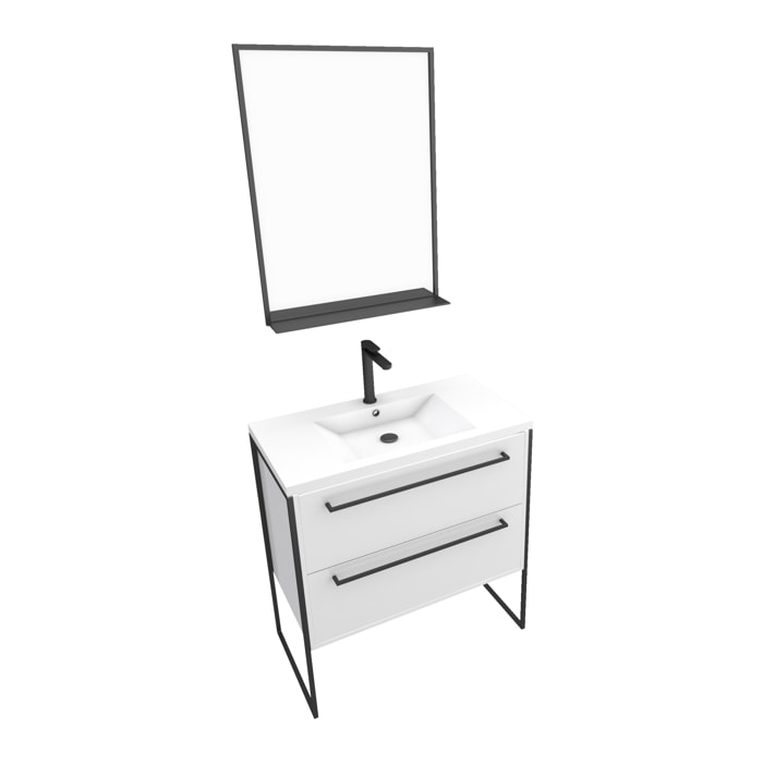 Pack meuble de salle de bain 80x50cm Blanc - 2 tiroirs blanc - vasque blanche + miroir noir mat
