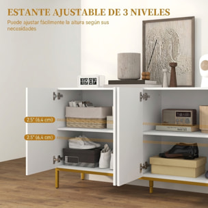 Aparador de 4 Puertas, Aparador de Salón Estrecho con Estantes Ajustables, Armario de Cocina con Cierre Suave y Patas Doradas, para Entrada, Dormitorio, 140x40x75 cm, Blanco