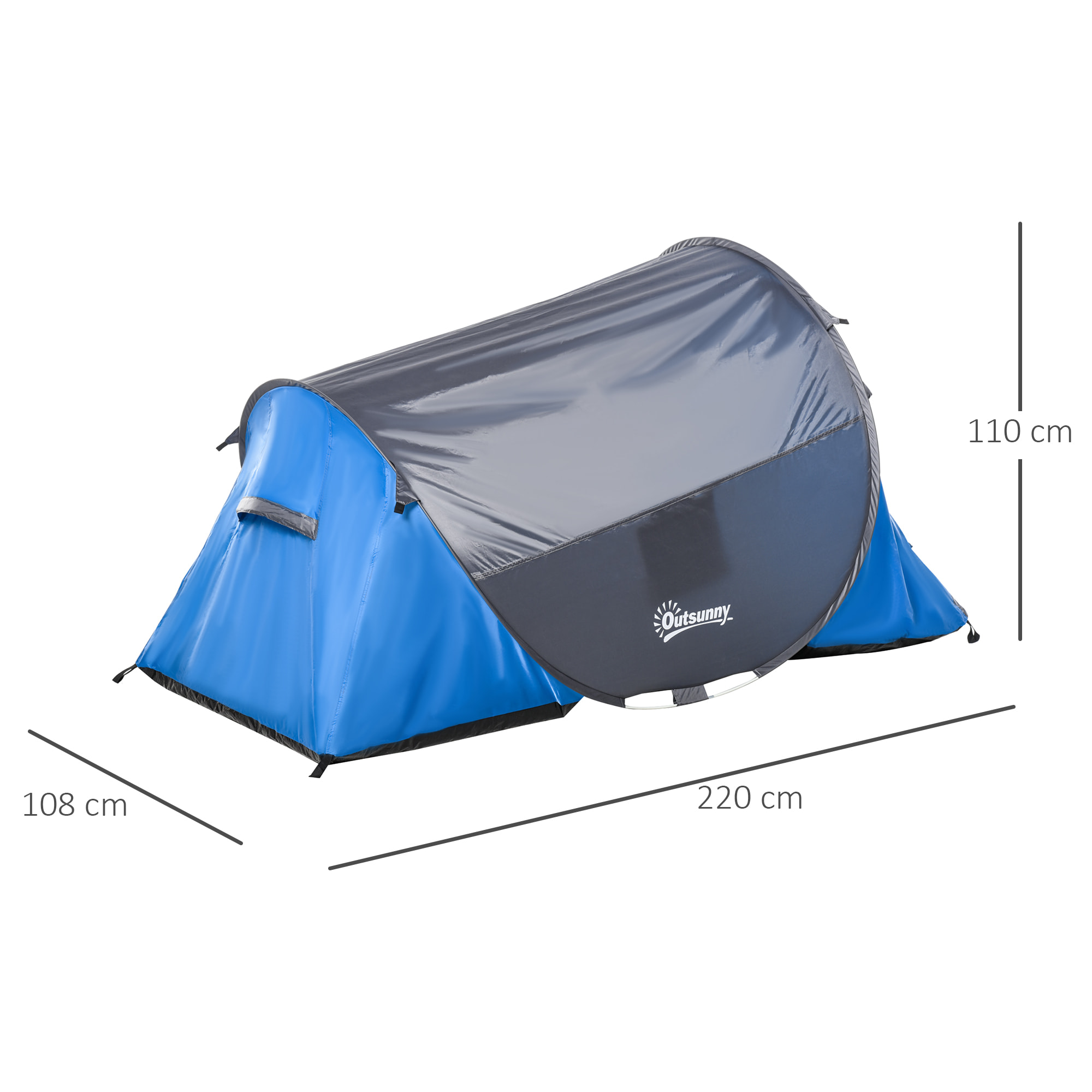 Tente de camping pop-up 2 pers. fibre verre polyester bleu gris