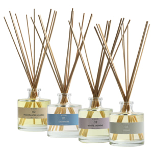 Set de 4 difusores mikado de 200ml aromas a cashmere-vainilla de madagascar-jazmín blanco-cedro scalpers