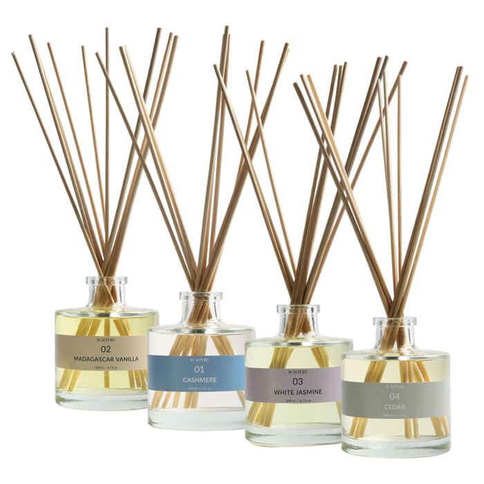 Set de 4 difusores mikado de 200ml aromas a cashmere-vainilla de madagascar-jazmín blanco-cedro scalpers