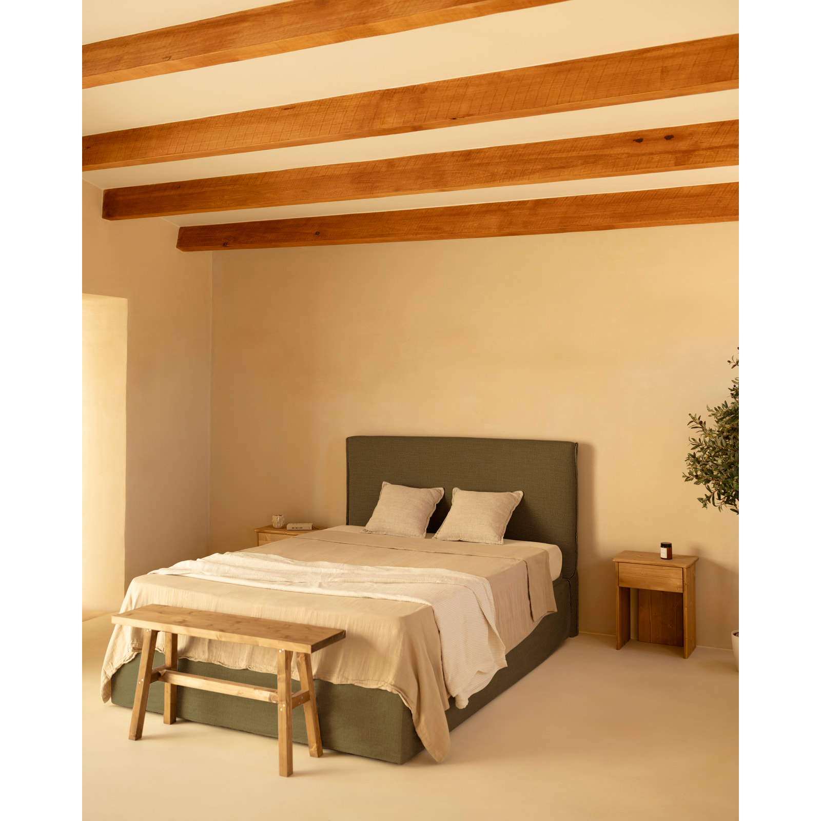 Cama con canapé desenfundable de lino verde para colchón de varias medidas