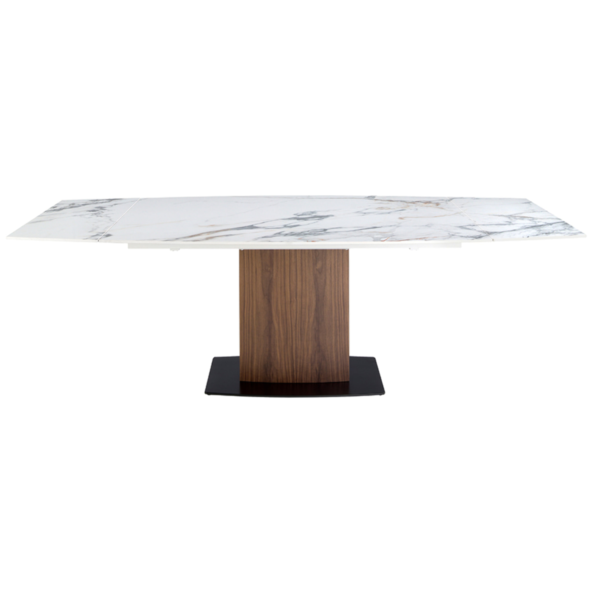 Mesa comedor extensible ovalada barril con tapa de mármol porcelánico blanco con vetas en tonalidades grises y marrones en acabado brillo 160x100x76cm