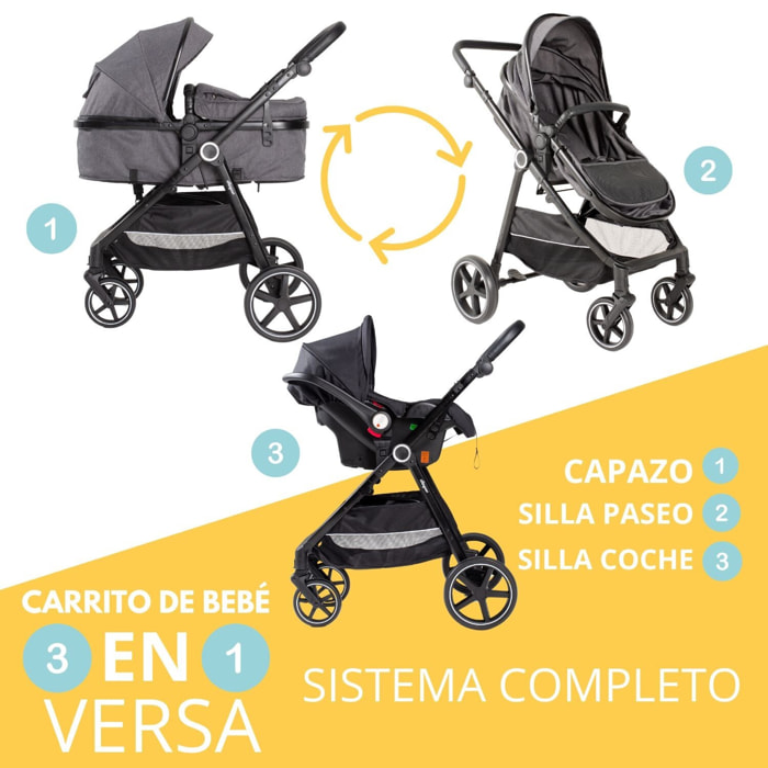 Carrito Bebé 3 en 1, Silla de Paseo | Capazo Acolchado | Silla de Auto grupo 0, Modelo Versa