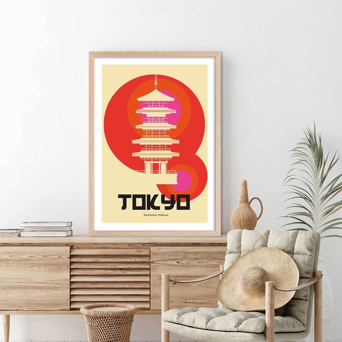 Affiche tokyo temple asakusa Affiche sous cadre bois