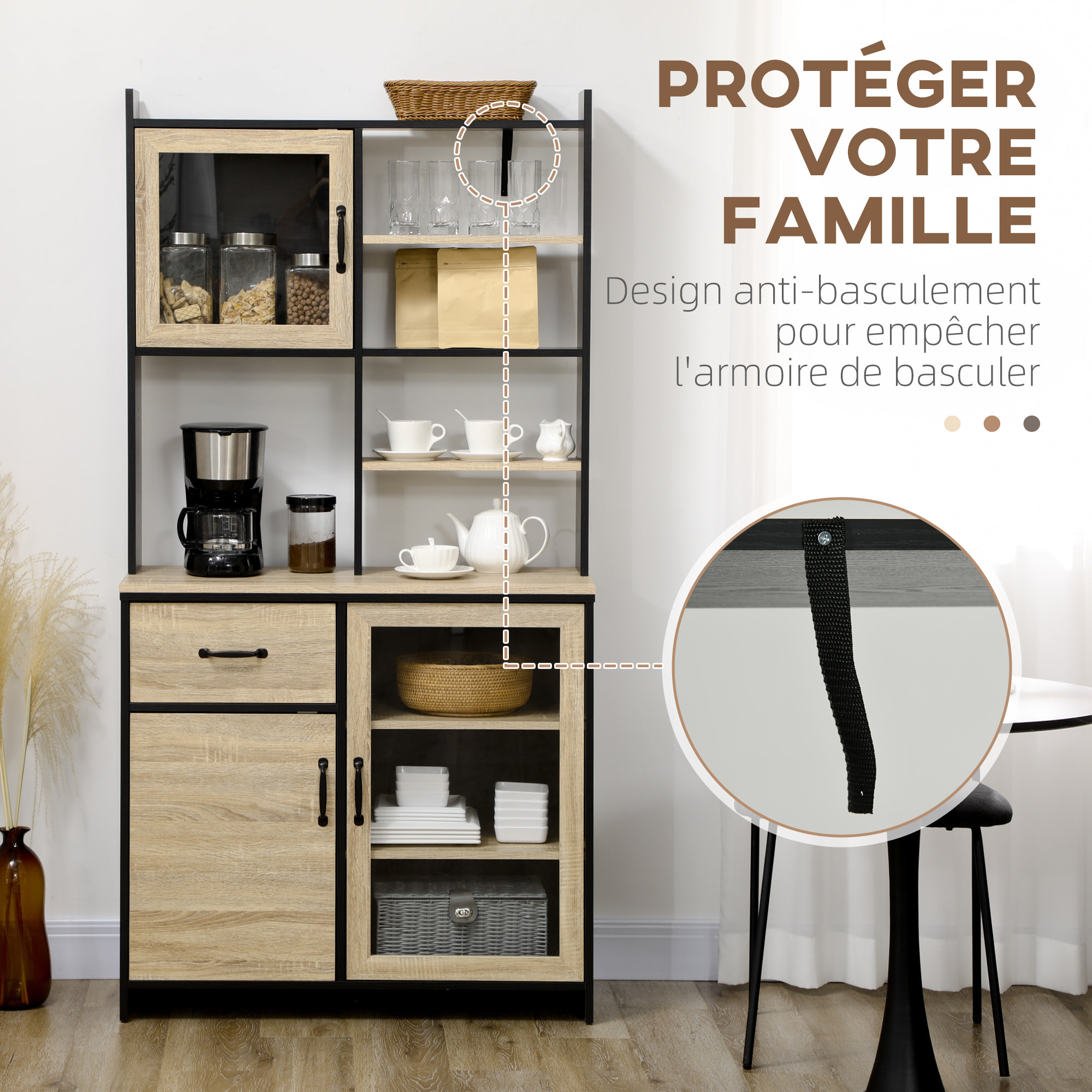 Buffet haut multi-rangement 3 portes 3 étagères tiroir 5 niches bicolore aspect chêne clair noir