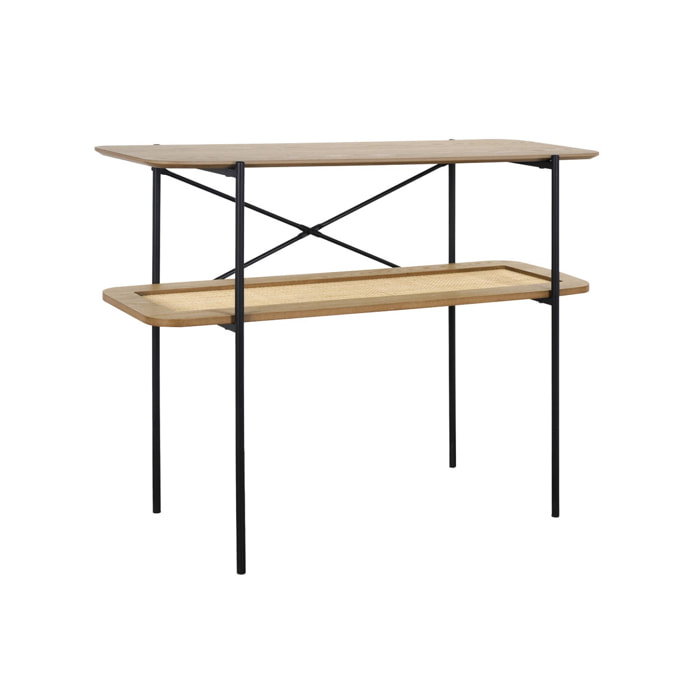 Console vintage 100 cm double plateaux effet bois et cannage. piètement et structure en métal noir