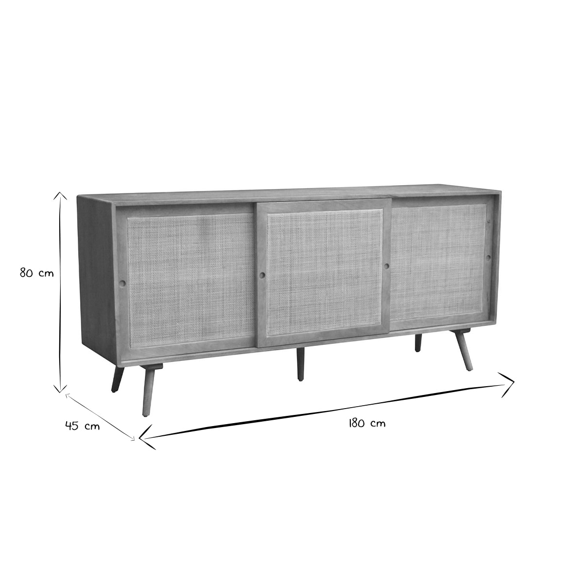 Buffet en bois manguier massif et cannage rotin 3 portes coulissantes L180 cm ACANGE