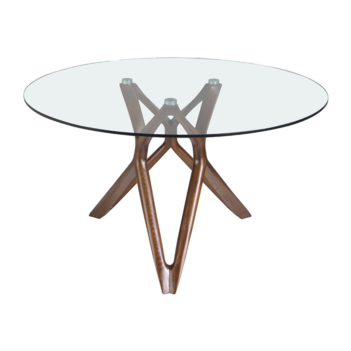 Mesa comedor redonda con tapa de cristal templado y patas en madera maciza de fresno en nogal 130x130x75cm