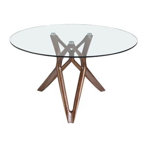 Mesa comedor redonda con tapa de cristal templado y patas en madera maciza de fresno en nogal 130x130x75cm