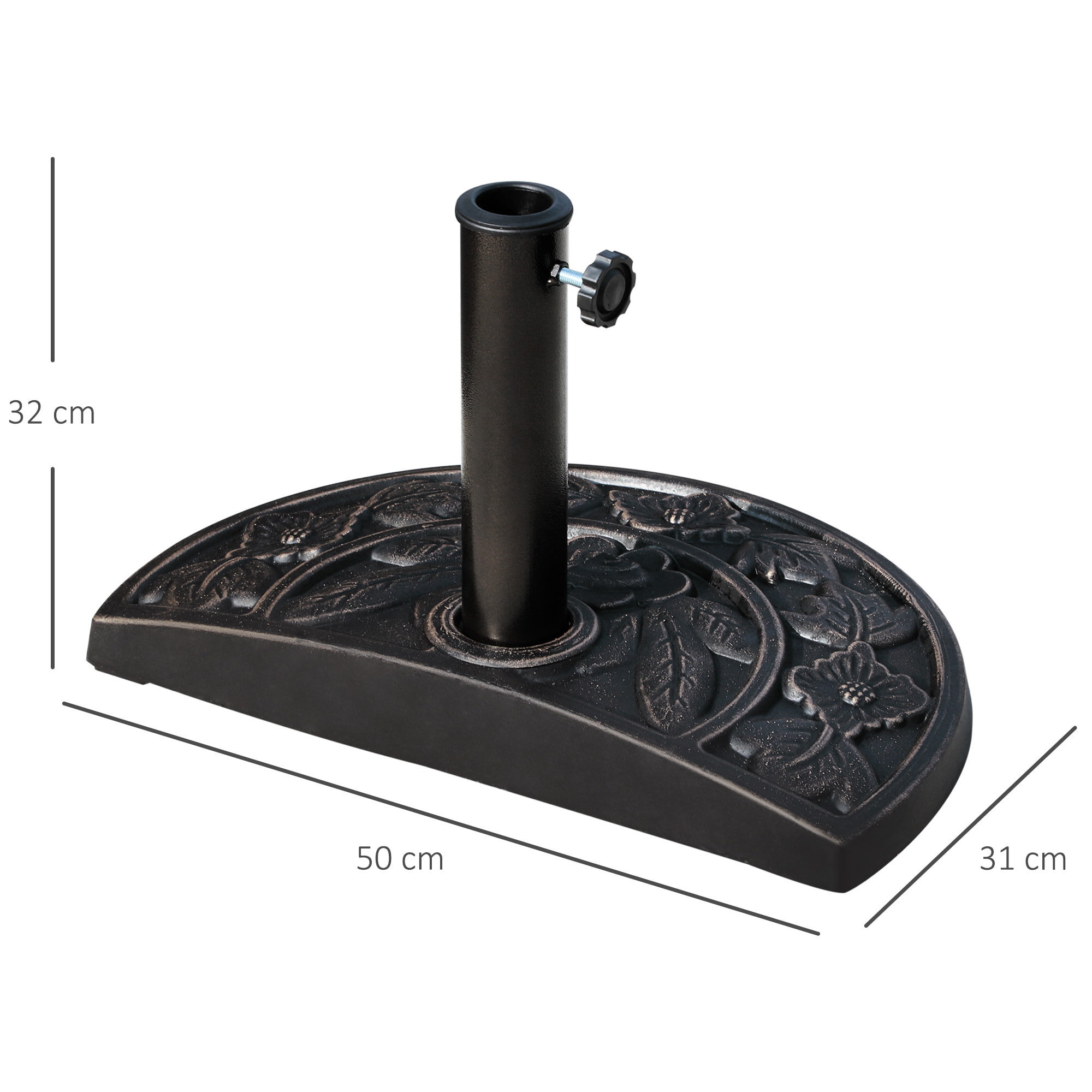 Base de Sombrilla Semicírculo Peso 9 kg Soporte para Parasol de Resina para Poste de Paraguas de Ø3,8 cm y Ø4,8 cm para Terraza Patio Jardín Playa 50x31x32 cm Bronce