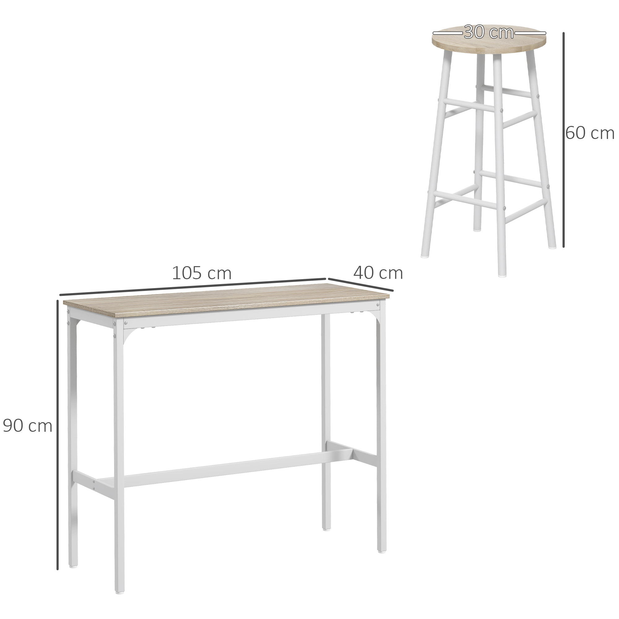 Ensemble 2 places 3 pièces design contemporain - table de bar, 2 tabourets de bar - acier blanc aspect bois blanc