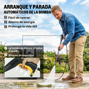 Hidrolimpiadora de Alta Presión 1600W, Presión 120 Bar, Caudal 390 L/h, con Bomba de Aluminio, Parada Automática, Manguera 3 m, Boquilla Ajustable, Ruedas para Hogar, Jardín, Coche, Amarillo