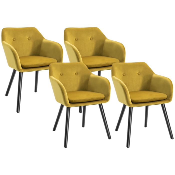 Lot de 4 chaises de visiteur design scandinave - pieds effilés bois noir - assise dossier accoudoirs ergonomiques velours moutarde