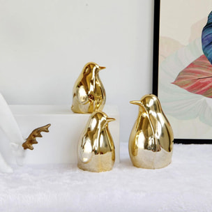 DAM Set 3 Pezzi Figure Decorative Pinguini in Porcellana Dorata 10x13x11 Cm. Colore: oro