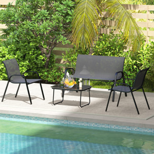 Conjunto de Jardín Exterior 4 Piezas Muebles Jardín Exterior con 2 Sillones Apilables 1 Sofá de 2 Plazas y Mesa de Centro con Tablero de Vidrio Templado Negro