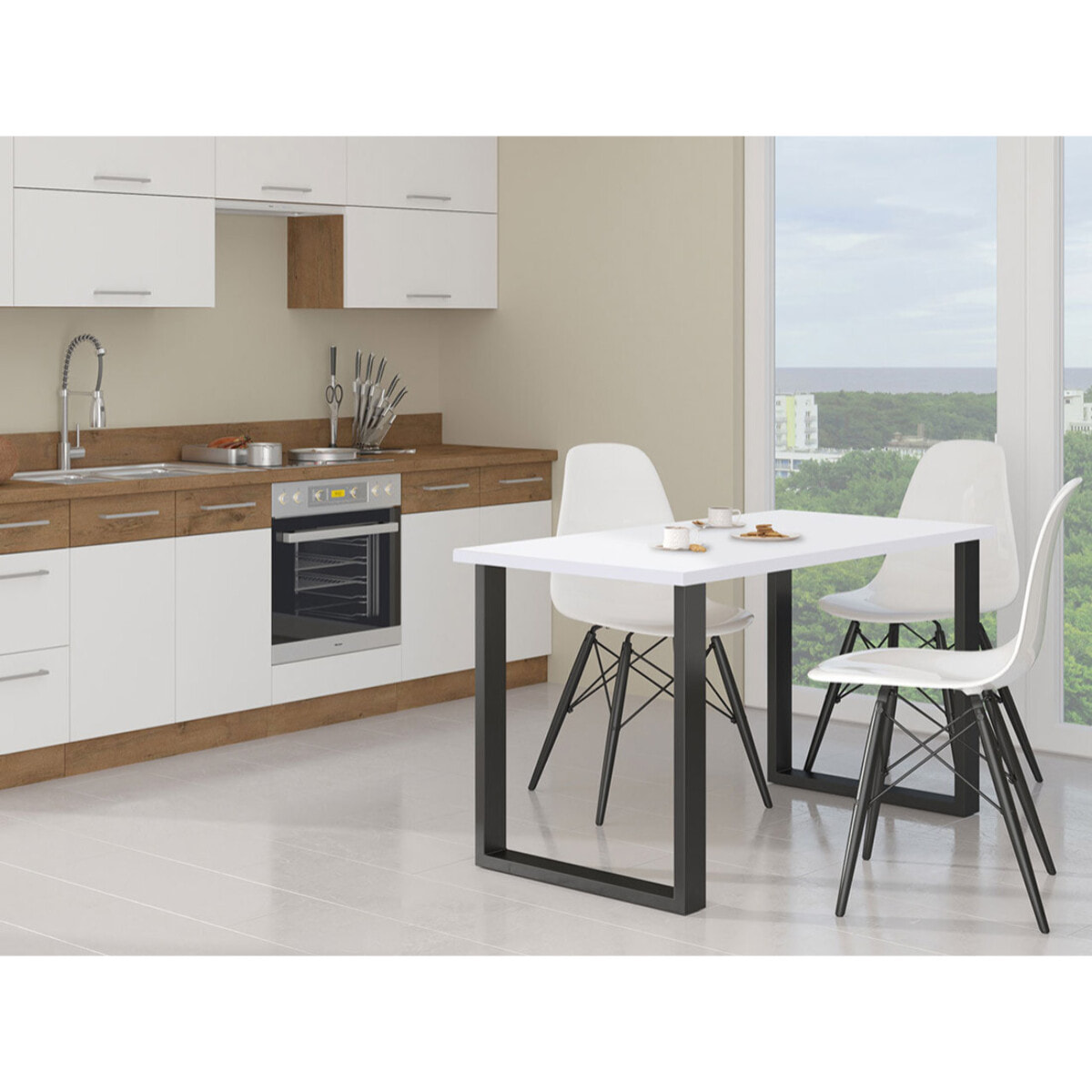 Caronal - table à manger - blanche et pieds noirs - 4 à 8 personnes - Blanc / Noir