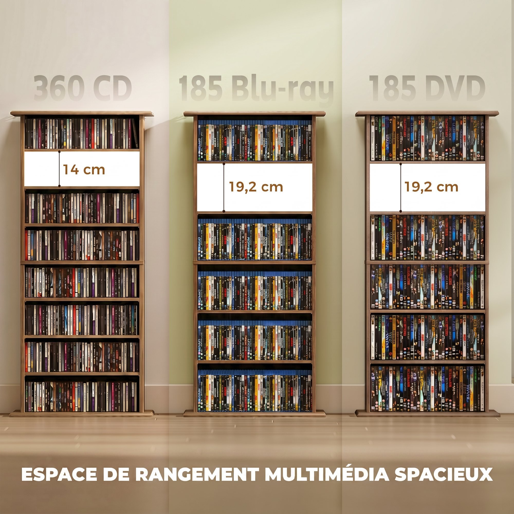 Étagère range CD - meuble rangement CD DVD - 8 compartiments, 6 étagères réglables - effet bois