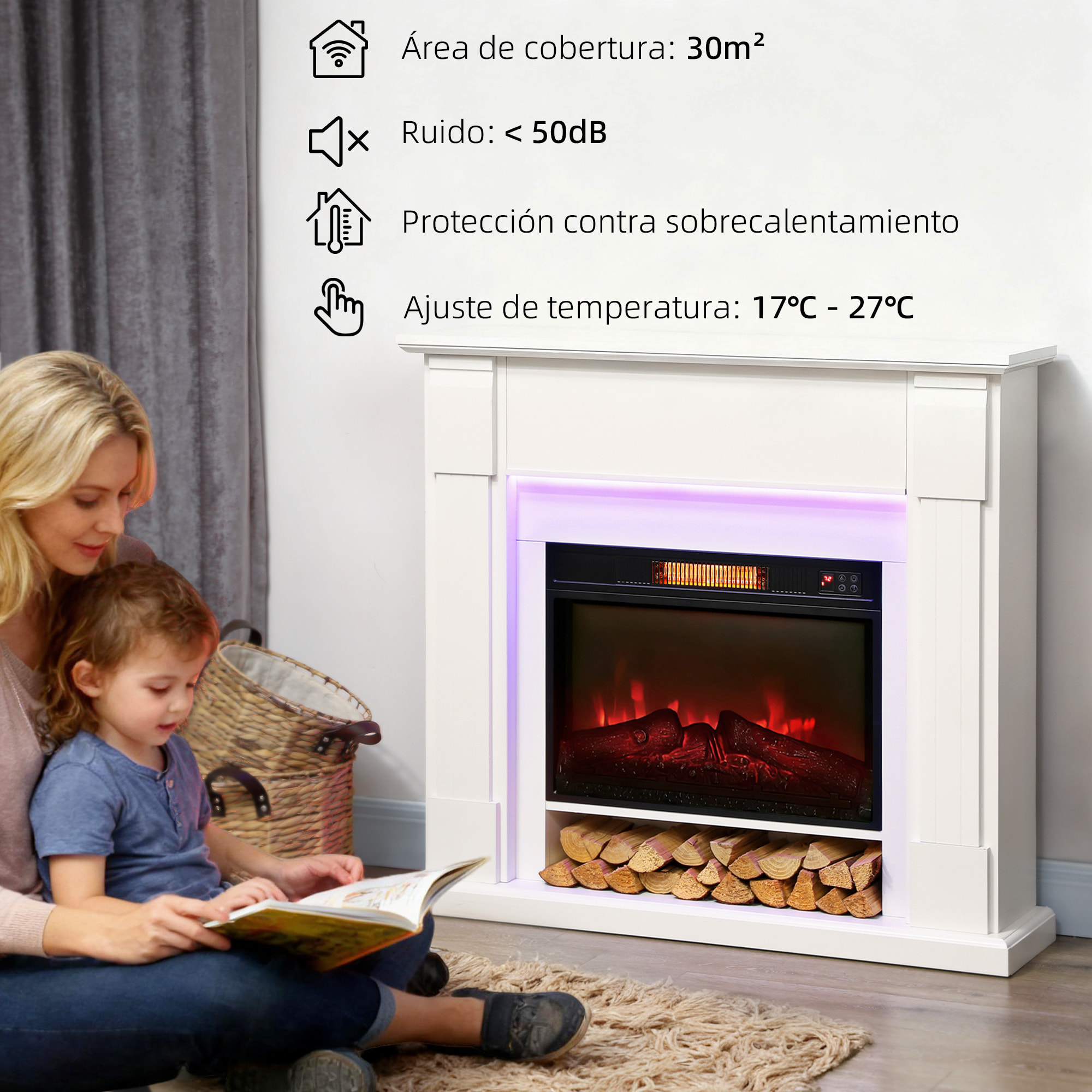 Chimenea Eléctrica Empotrable con Efecto de Llama 3D, Tira de Luz LED RGB, Chimenea Decorativa, 1800W, Temporizador, Termostato Digital, Mando a Distancia, para 30 ㎡, Blanco