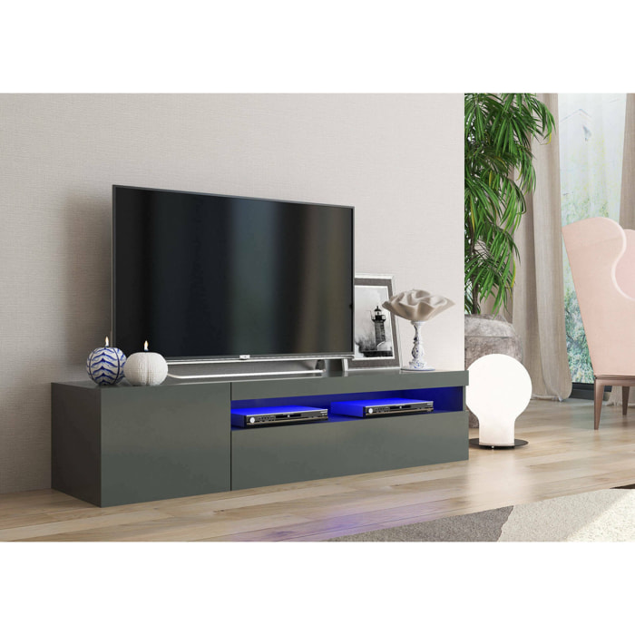 Mobile porta TV Acrilya, Credenza bassa da soggiorno, Base porta televisione, 100% Made in Italy, cm 150x40h37, Antracite lucido, con luce LED