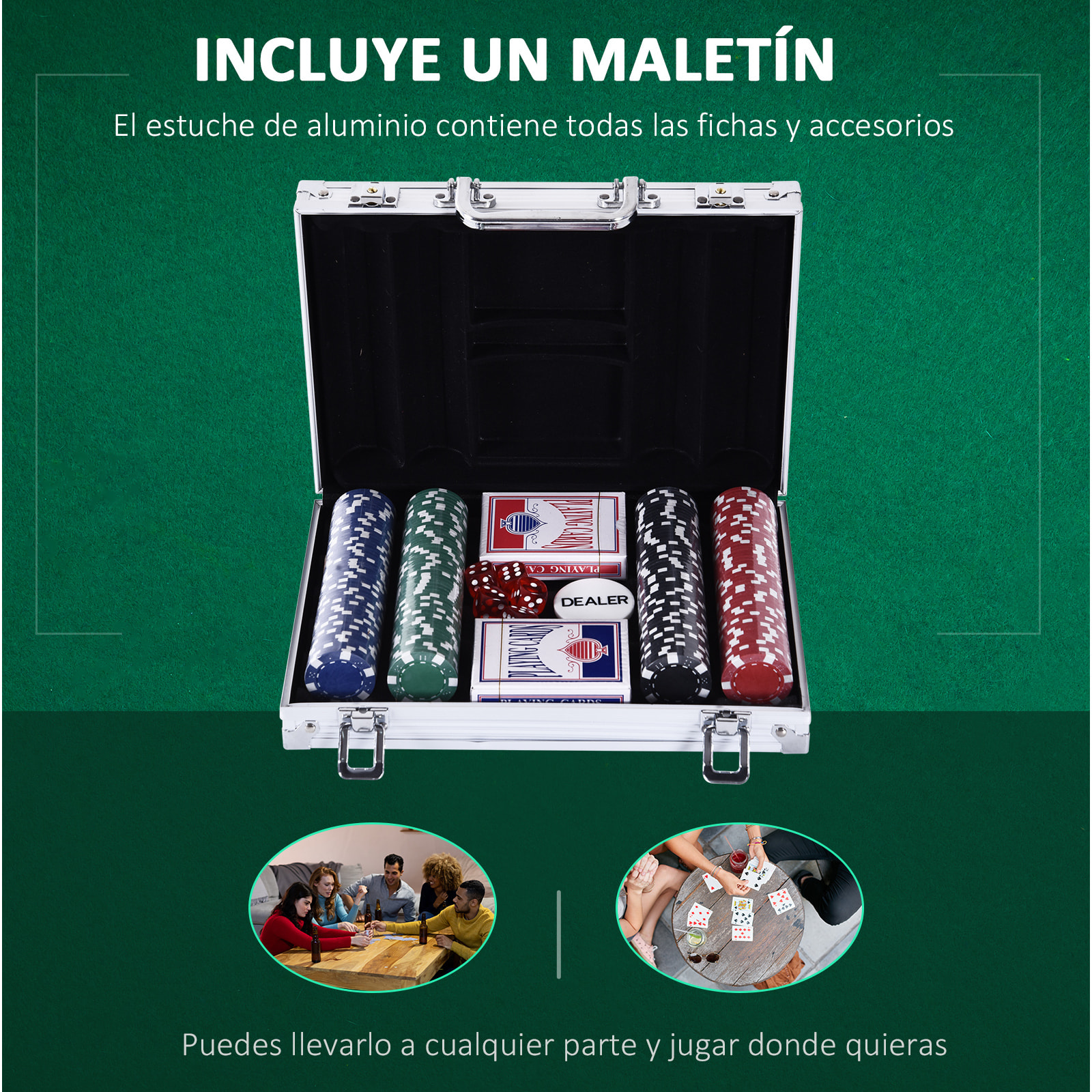 Maletín de Poker Profesional de Aluminio con 200 Fichas Juego Set de Poker Casino con 5 Dados 2 Barajas de Cartas y 1 Ficha de Crupier 29,5x20,5x6,5 cm Multicolor