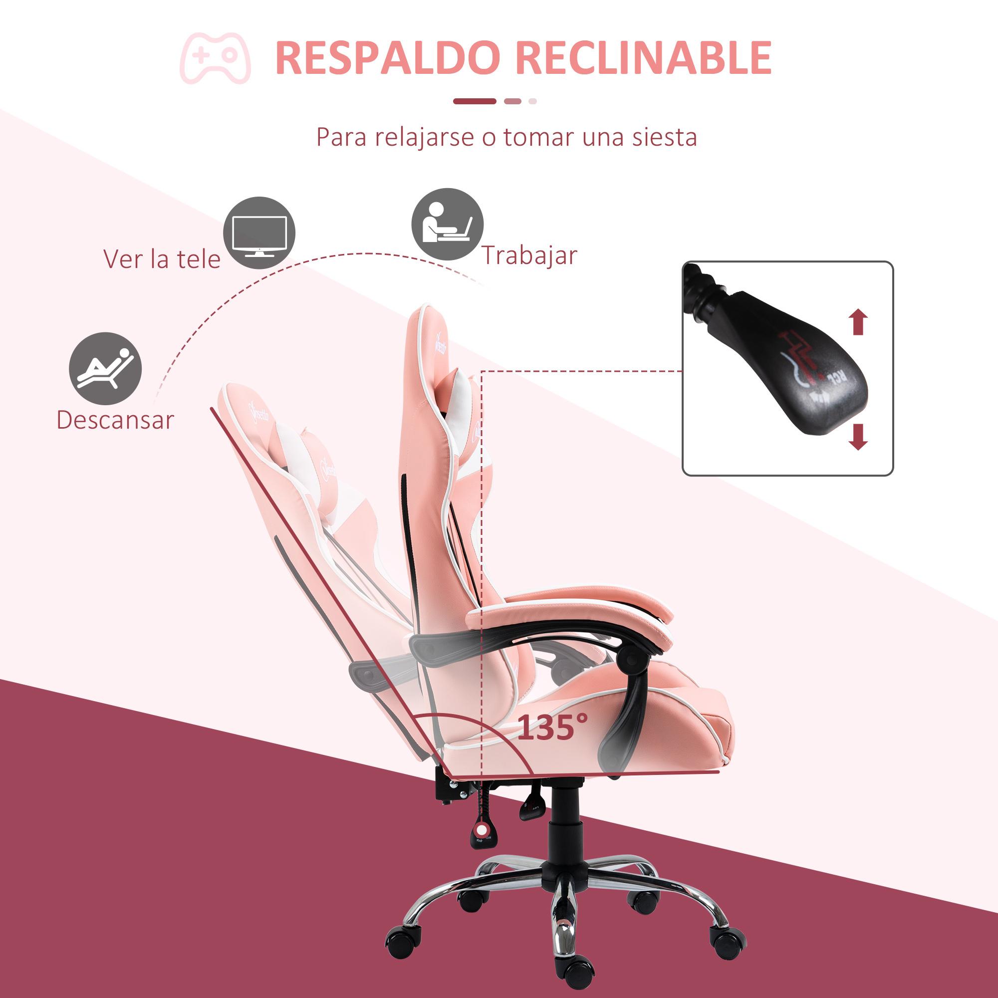 Silla Gaming Ergonómica Silla de Escritorio Racing Giratoria con Altura Ajustable Reclinable de 135° Reposacabezas y Cojín Lumbar para Oficina Estudio 63x67x122-130 cm Rosa