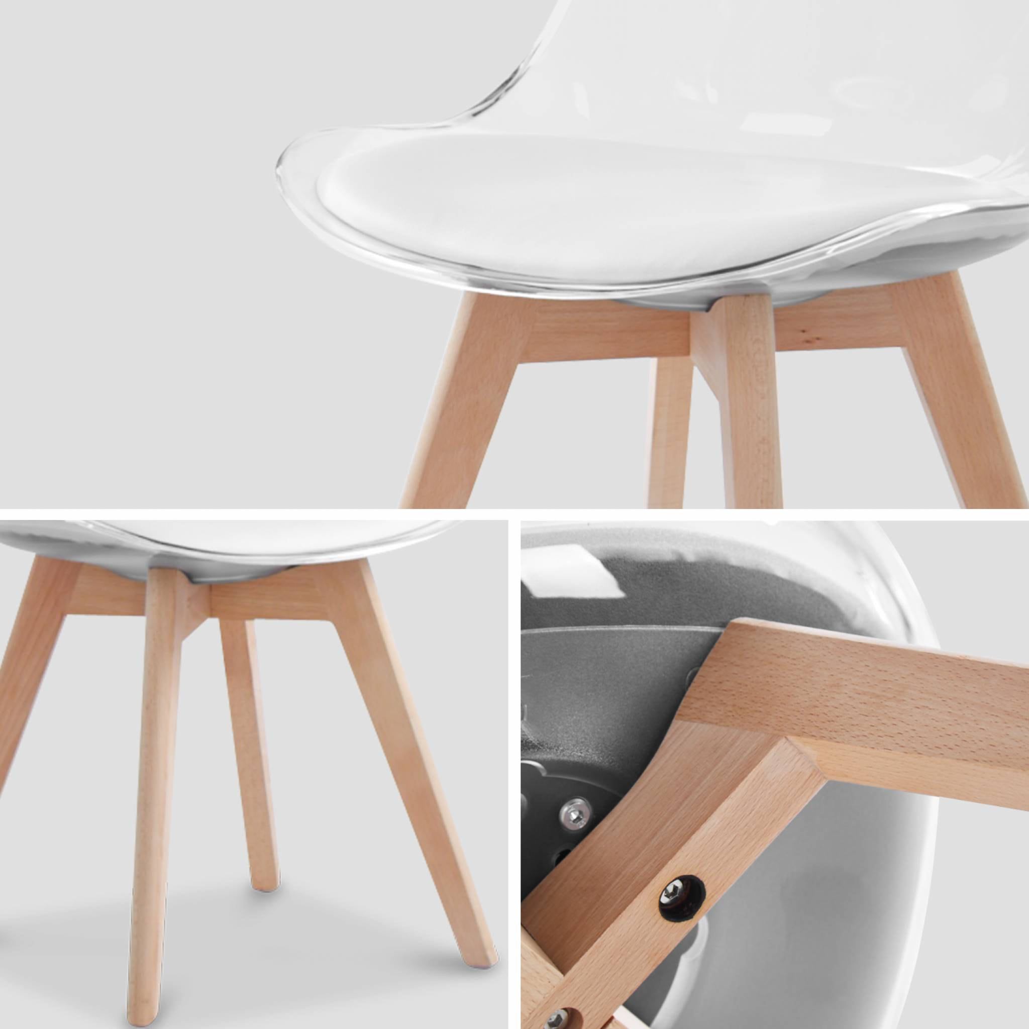 Lot de 4 chaises scandinaves - Lagertha - pieds bois. fauteuils 1 place. coussin blanc. coque transparente