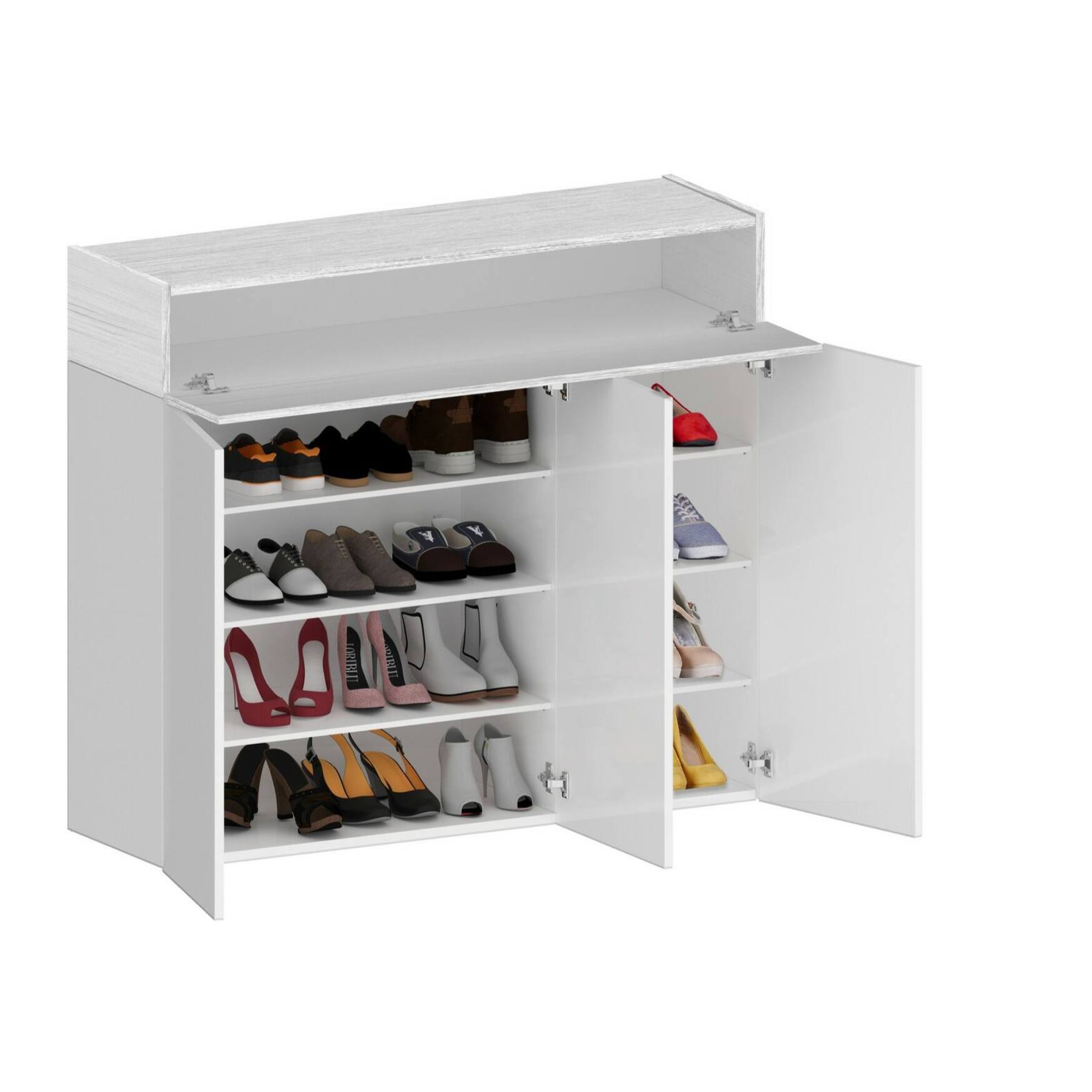 Scarpiera Griselda, Porta scarpe salvaspazio a 4 ante, Armadio multifunzione da ingresso, 114x38h100 cm, Bianco effetto larice
