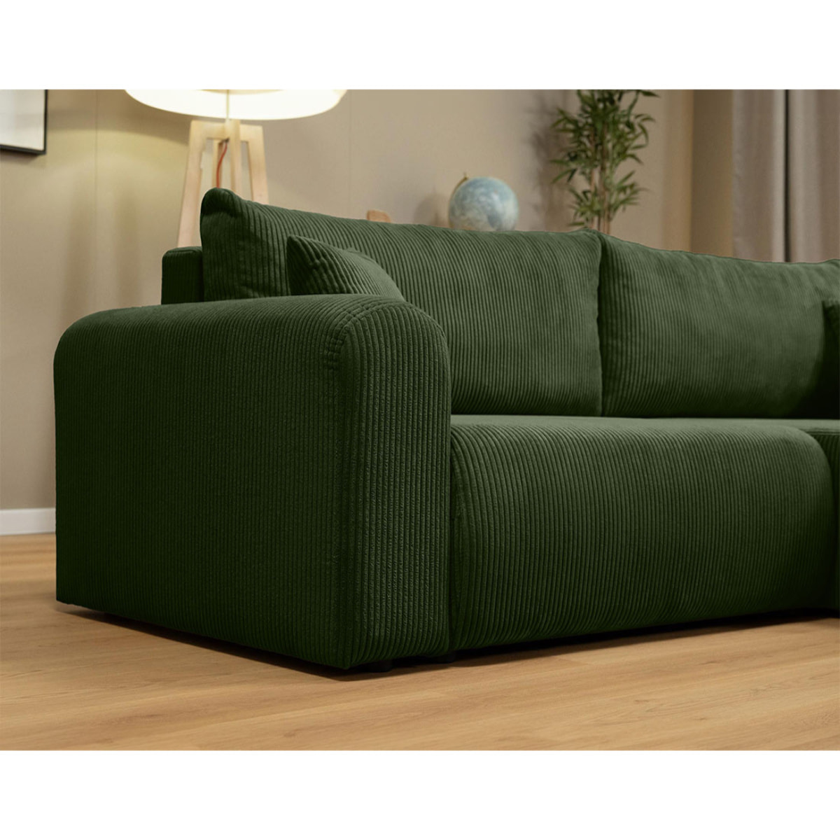 Naomi - Canapé d'angle réversible 4 places convertible avec coffre en velours côtelé - Vert