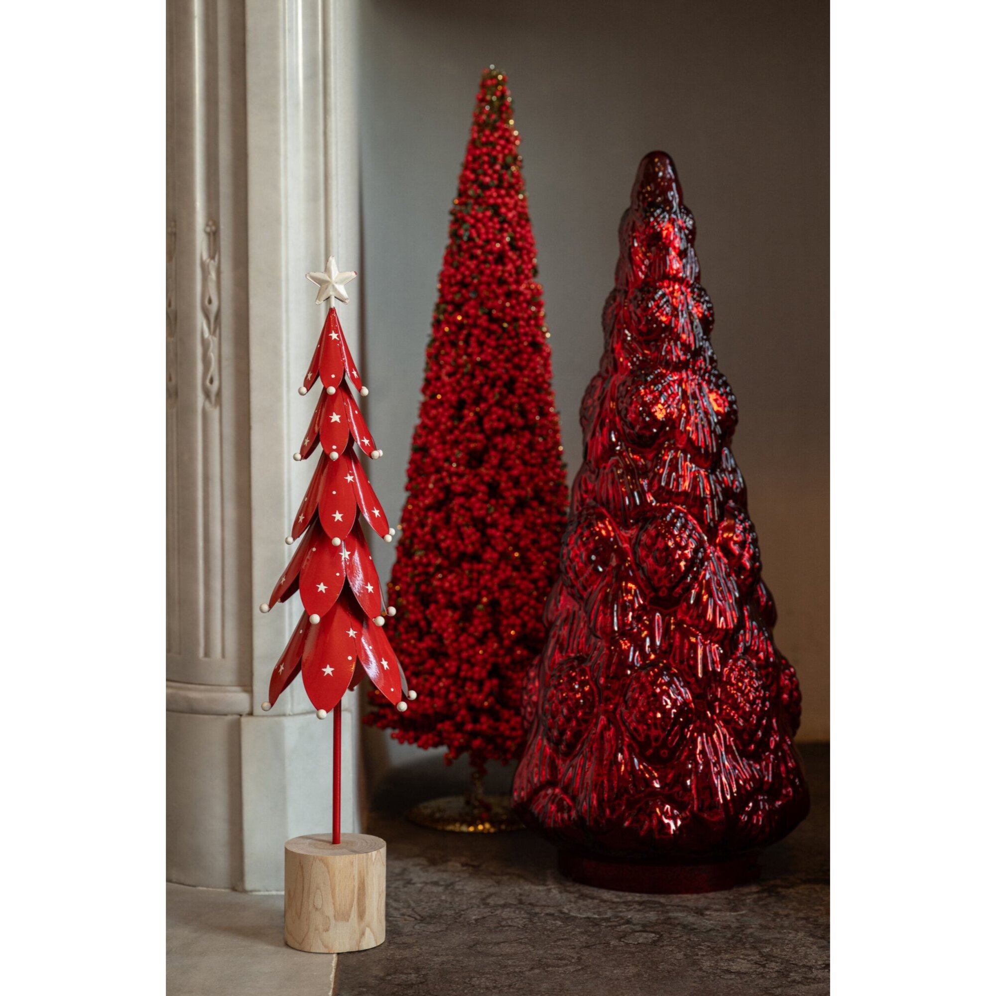 J-Line arbres avec étoiles - fer - blanc/rouge Noël - small - assortiment de 2