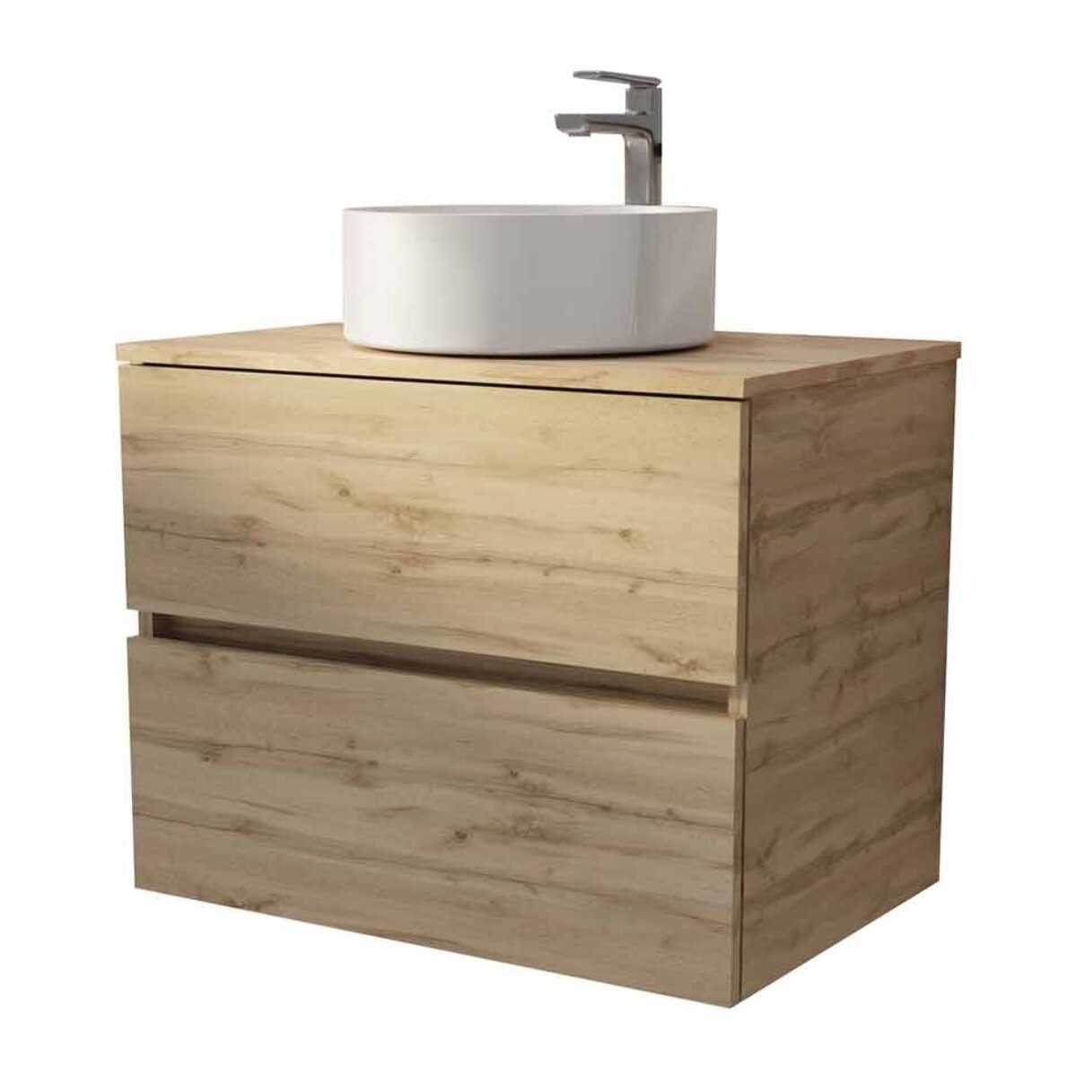 Meuble de salle de bains suspendu 70cm TIMBER Décor Chêne 2 tiroirs Vasque blanche à poser