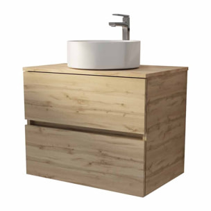 Meuble de salle de bains suspendu 70cm TIMBER Décor Chêne 2 tiroirs Vasque blanche à poser