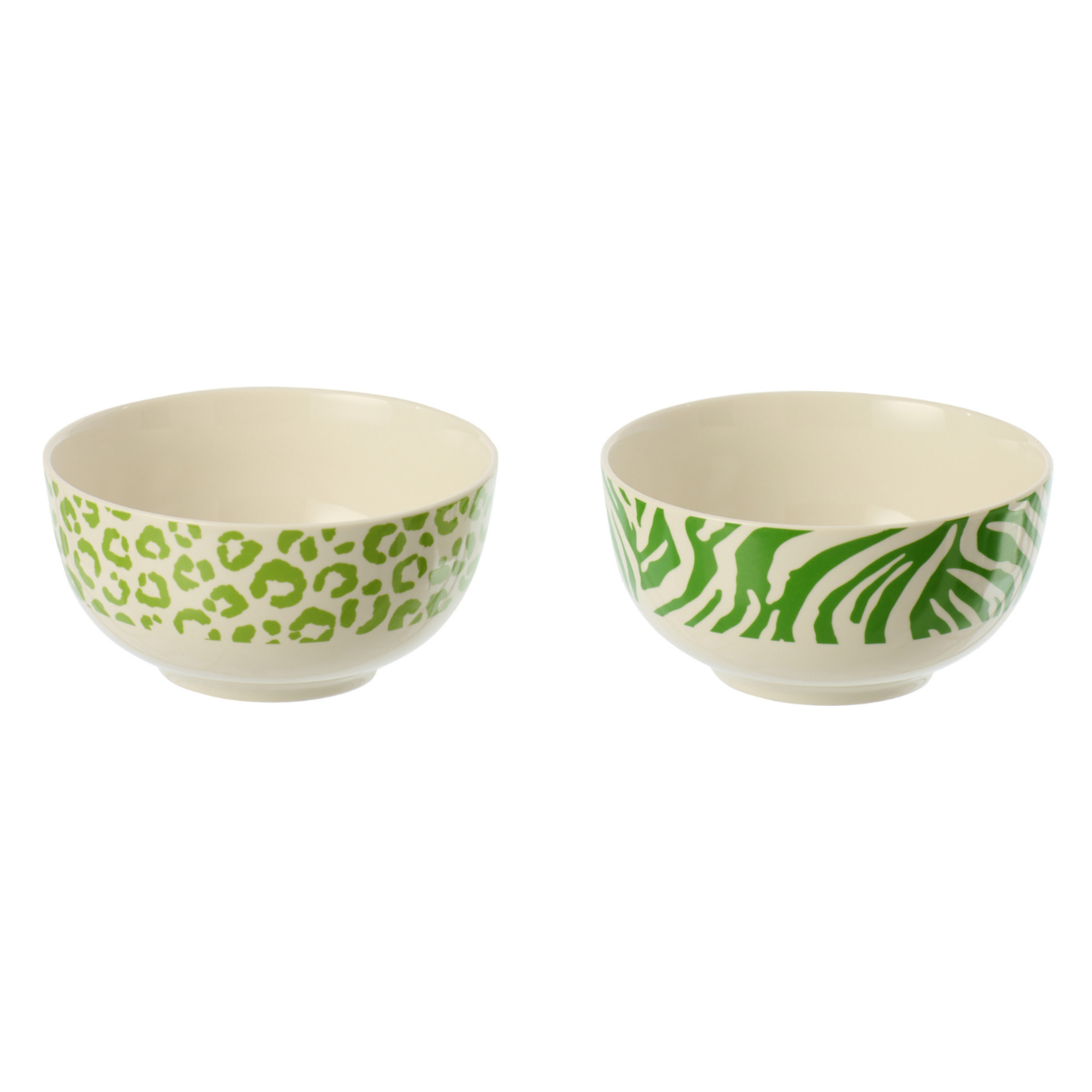 J-Line Bol Léopard + Zèbre - porcelaine - vert/blanc - small - set de 2