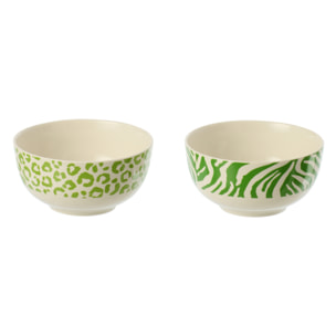 J-Line Bol Léopard + Zèbre - porcelaine - vert/blanc - small - set de 2