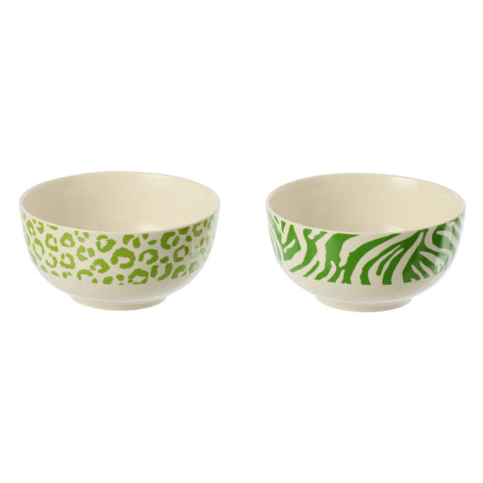 J-Line Bol Léopard + Zèbre - porcelaine - vert/blanc - small - set de 2