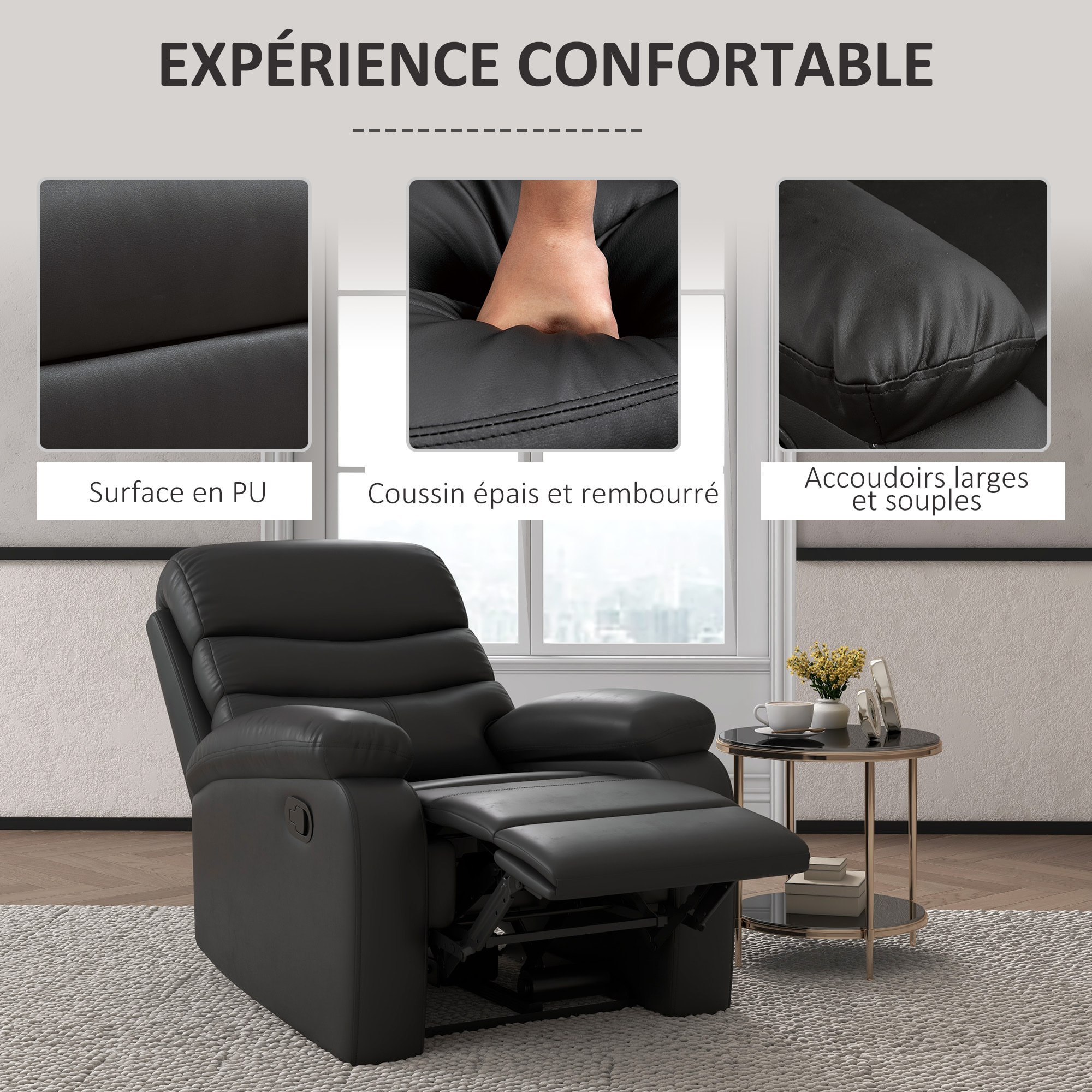 Fauteuil relax inclinable réglable repose-pied intégré revêtement synthétique noir