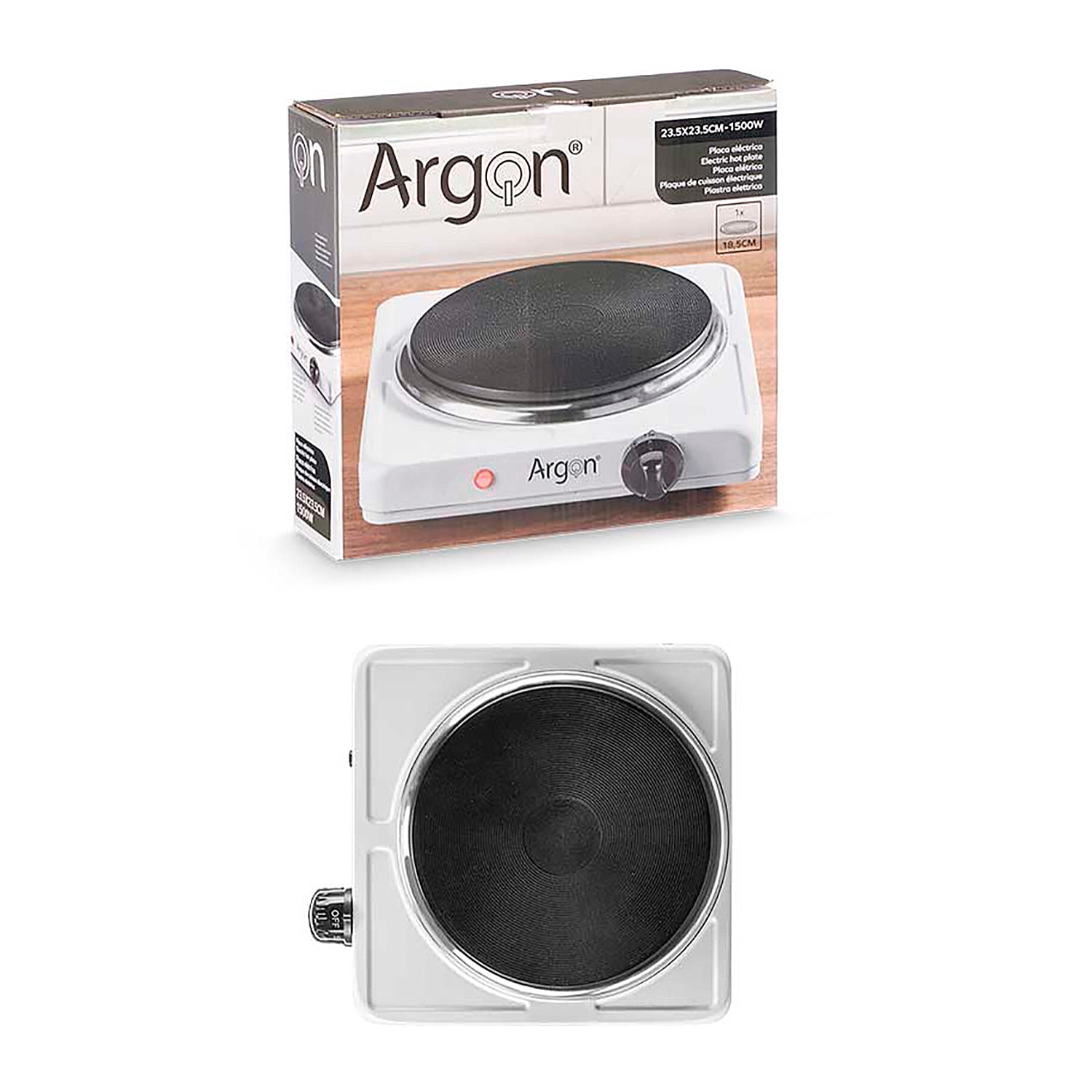 Piastra elettrica bianca. 1500W di potenza e 18.5 cm di diametro.