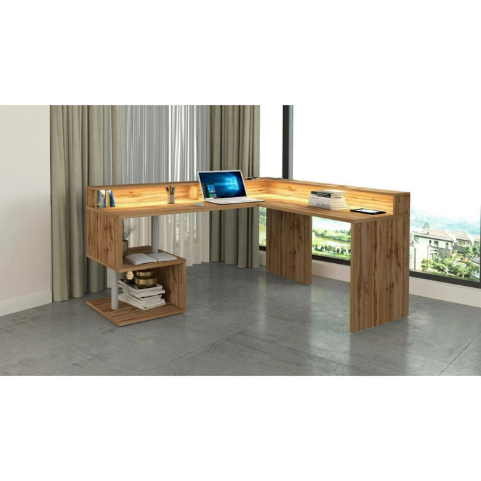 Scrivania Dcalhanogl, Scrittoio angolare con ripiani portaoggetti e luci LED, Scrivania ufficio multiuso con sopralzo, 180x60h93 cm, Rovere