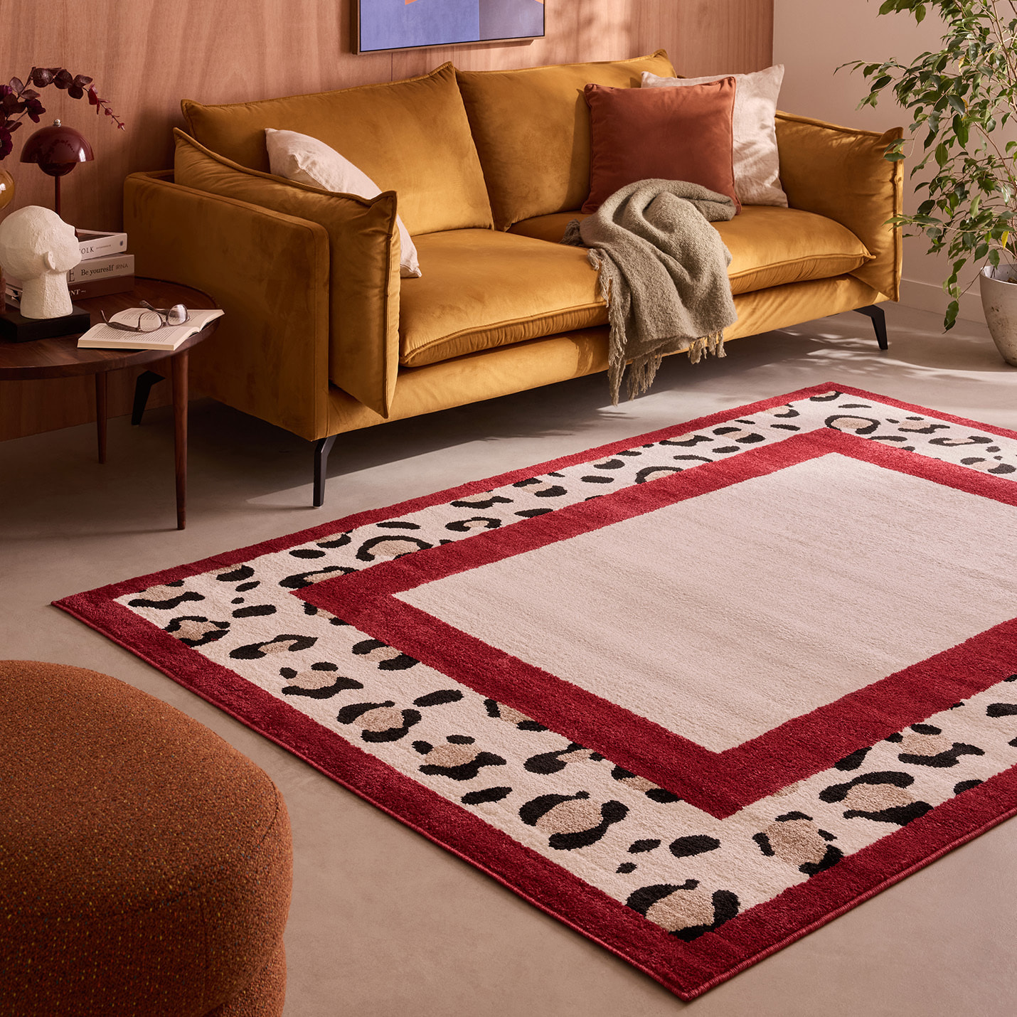 LEOVAH - Tapis de salon rouge à motif léopard
