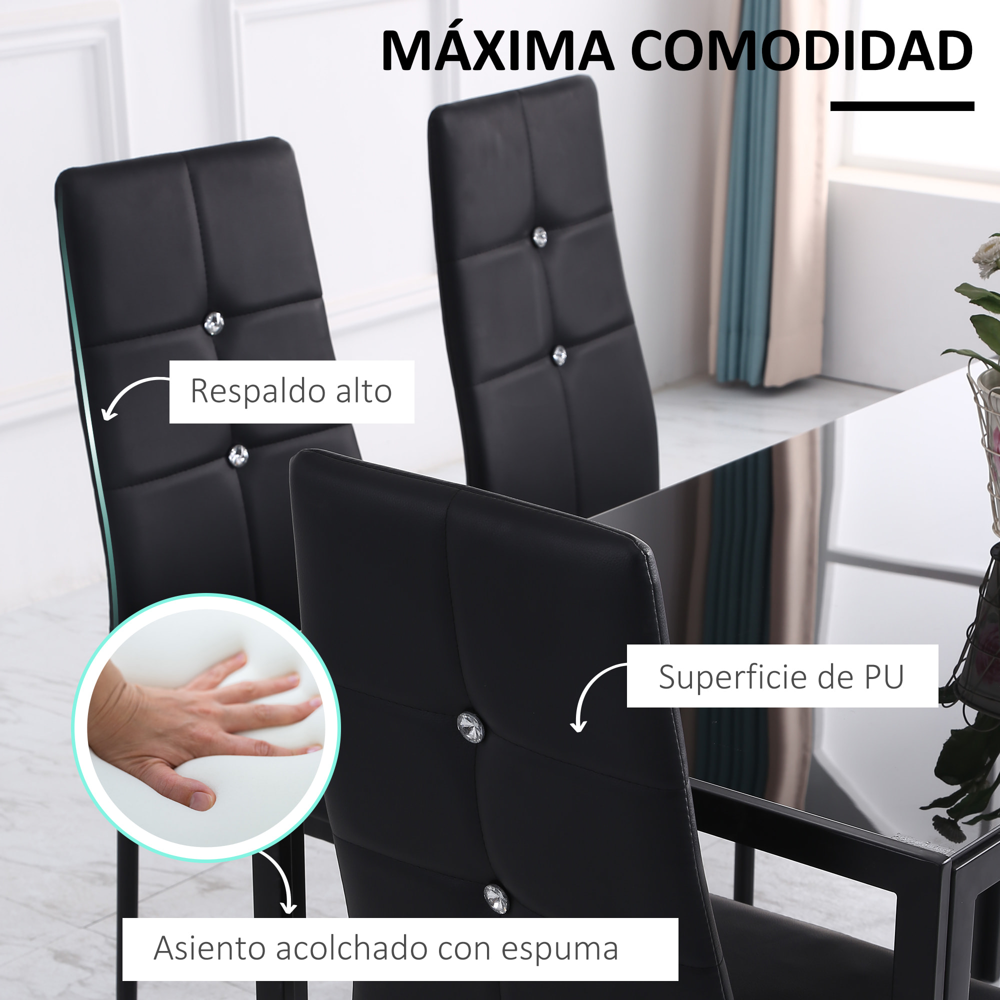 Juego de 6 Sillas de Comedor Tapizada en PU Sillas de Cocina con Respaldo Alto con Botones y Patas de Acero Diseño Moderno para Salón Dormitorio Negro
