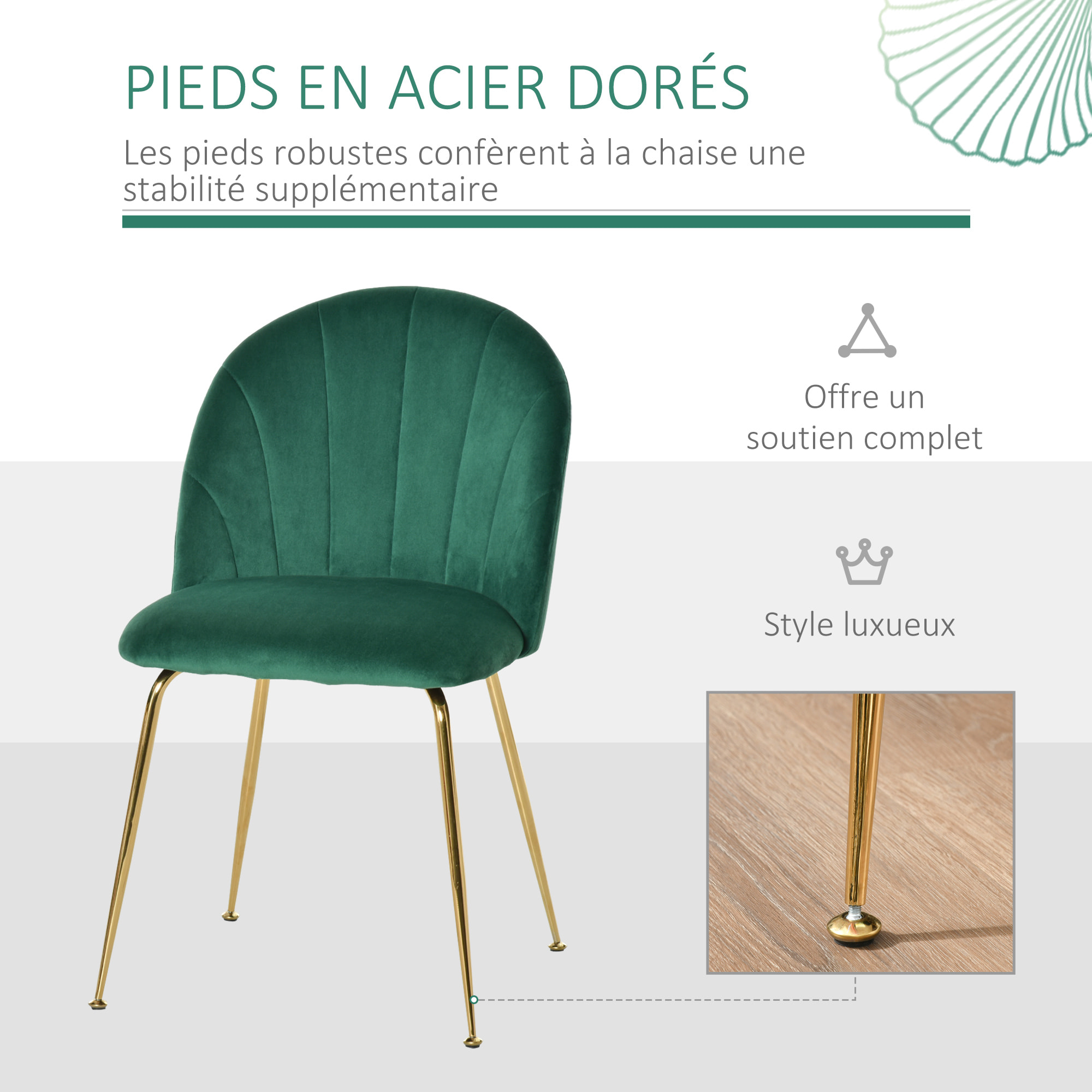 Lot de 2 chaises style art-déco dossier strié arrondi piètement métal doré incliné effilé velours vert sapin